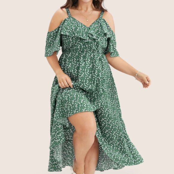 BloomChic Plus Size XL Ditsy Floral Pocket Wrap Cold Shoulder Ruffle Dress - Picture 4 of 4